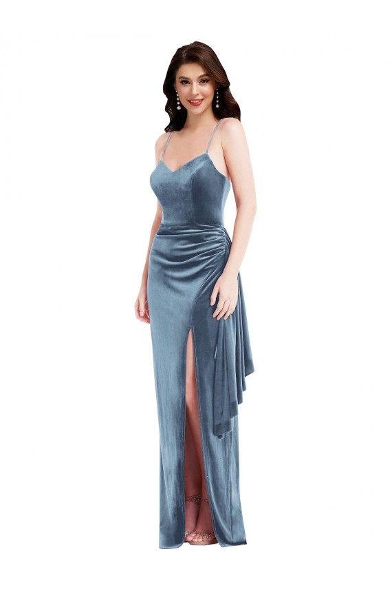 Cheap Spaghetti Strap Velvet Maxi Prom Dress with Draped Skirt