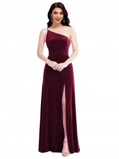 Cheap One Shoulder Spaghetti Strap Velvet Maxi Prom Dress with Pockets
