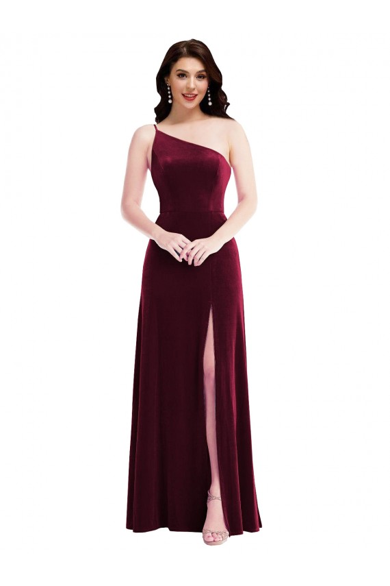 Cheap One Shoulder Spaghetti Strap Velvet Maxi Prom Dress with Pockets