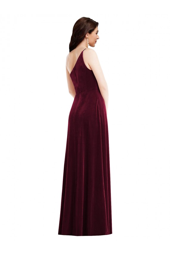 Cheap One Shoulder Spaghetti Strap Velvet Maxi Prom Dress with Pockets