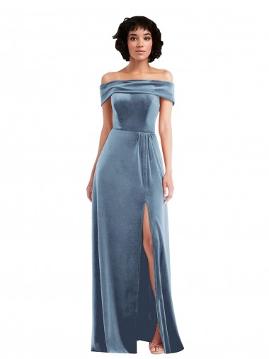 Cheap Draped Cuff Off the Shoulder Velvet Maxi Prom Dress with Pockets