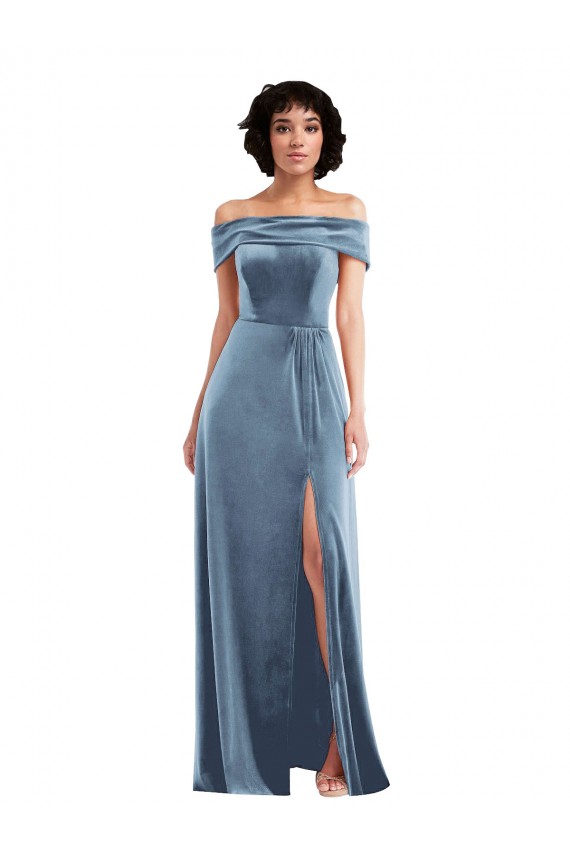Cheap Draped Cuff Off the Shoulder Velvet Maxi Prom Dress with Pockets