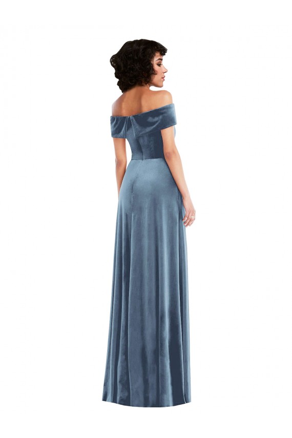 Cheap Draped Cuff Off the Shoulder Velvet Maxi Prom Dress with Pockets