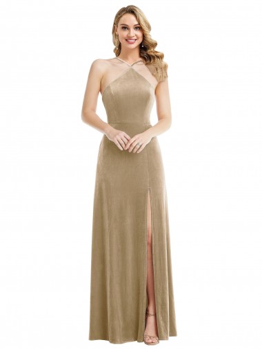 Cheap High Neck Halter Open Back Long Velvet Maxi Prom Dress with Pockets
