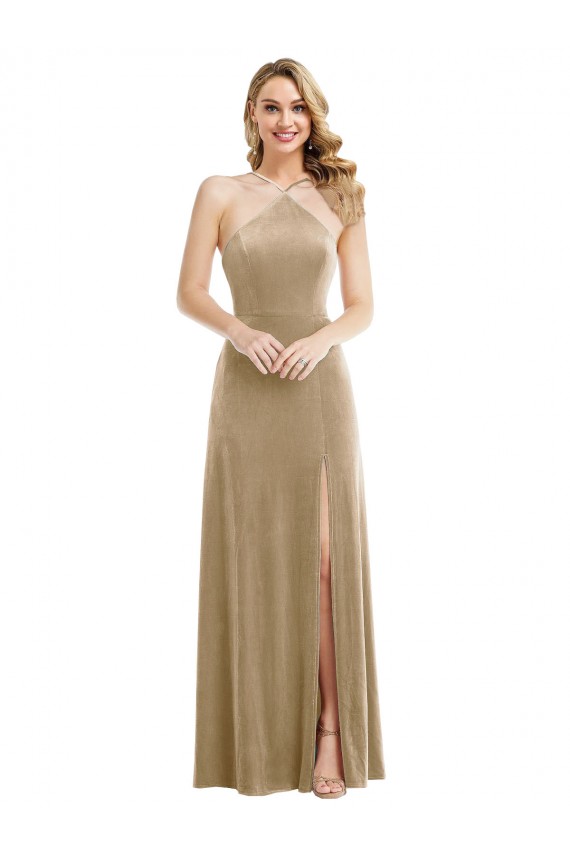 Cheap High Neck Halter Open Back Long Velvet Maxi Prom Dress with Pockets