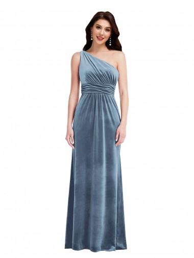 Cheap One Shoulder Draped Velvet Maxi Prom Dress