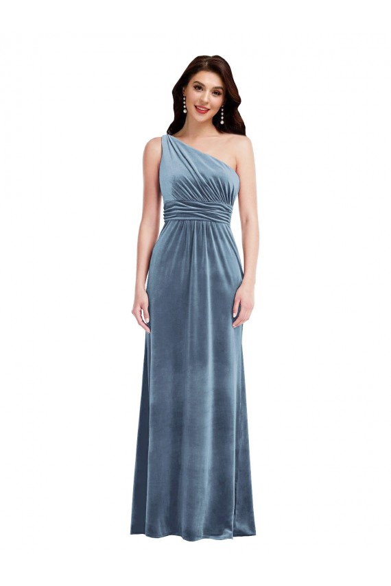Cheap One Shoulder Draped Velvet Maxi Prom Dress