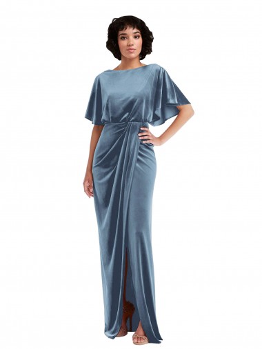 Cheap Flutter Sleeve Open Back Velvet Maxi Prom Dress with Pockets & Draped Wrap Skirt