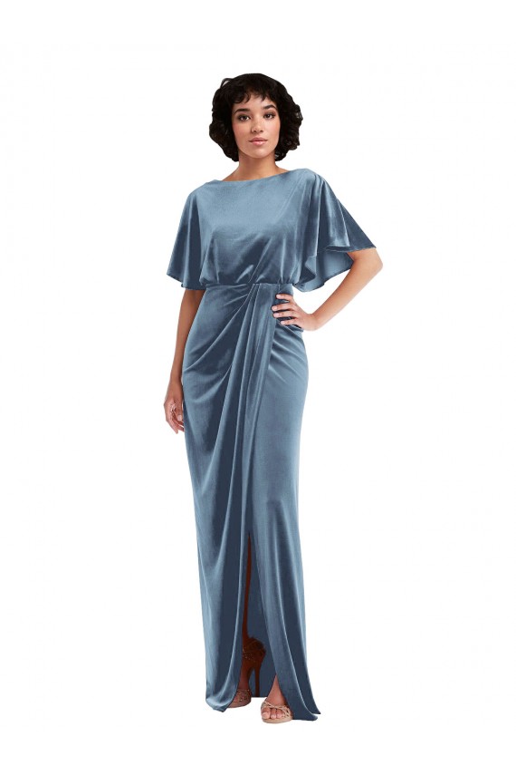 Cheap Flutter Sleeve Open Back Velvet Maxi Prom Dress with Pockets & Draped Wrap Skirt