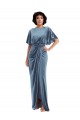 Cheap Flutter Sleeve Open Back Velvet Maxi Prom Dress with Pockets & Draped Wrap Skirt