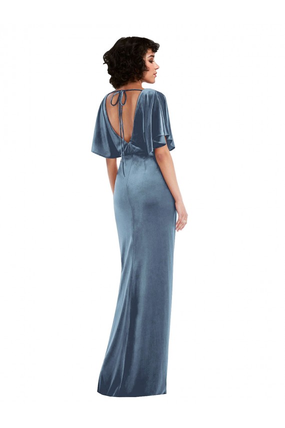 Cheap Flutter Sleeve Open Back Velvet Maxi Prom Dress with Pockets & Draped Wrap Skirt
