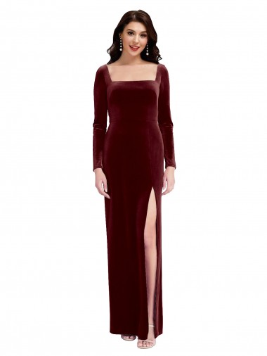Cheap Sleek Square Neck Spaghetti Straps Velvet Prom Dress with Side Slit