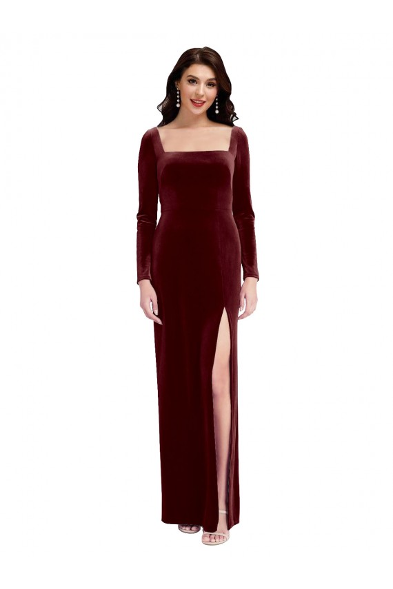 Cheap Sleek Square Neck Spaghetti Straps Velvet Prom Dress with Side Slit