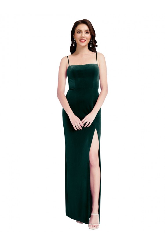 Cheap Straight Neckline Spaghetti Straps Long Velvet Prom Dress with High Side Slit