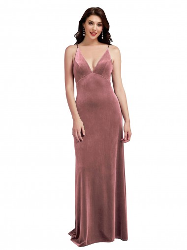 Cheap Low Scoop Back Long V-Neck Velvet Slip Prom Dress