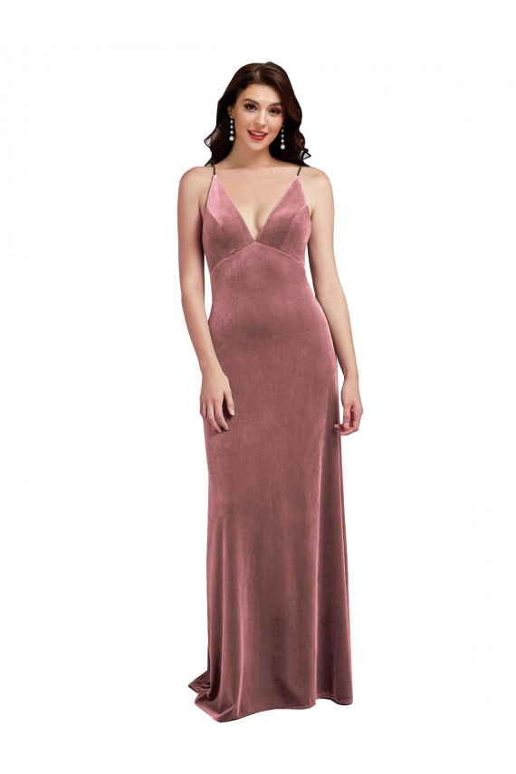 Cheap Low Scoop Back Long V-Neck Velvet Slip Prom Dress