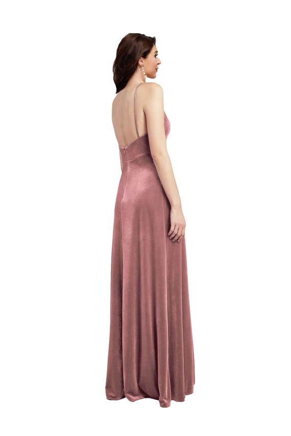 Cheap Low Scoop Back Long V-Neck Velvet Slip Prom Dress
