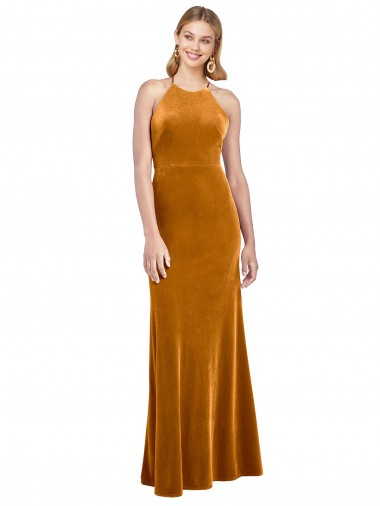 Cheap Halter Neckline Long Full Length Velvet Prom Dress with Strappy Back