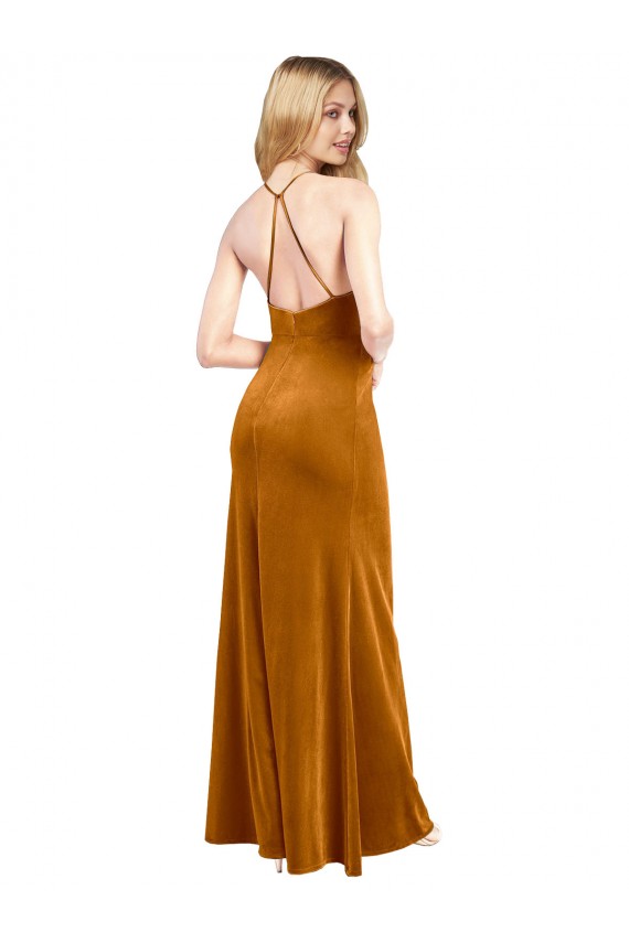 Cheap Halter Neckline Long Full Length Velvet Prom Dress with Strappy Back