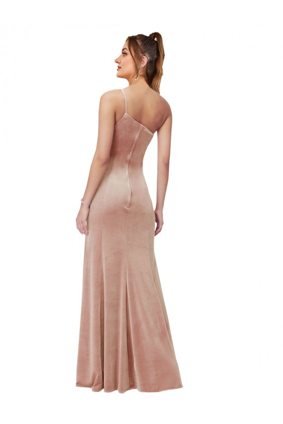 Cheap One Shoulder Stretch Velvet Prom Dress with Front Slit