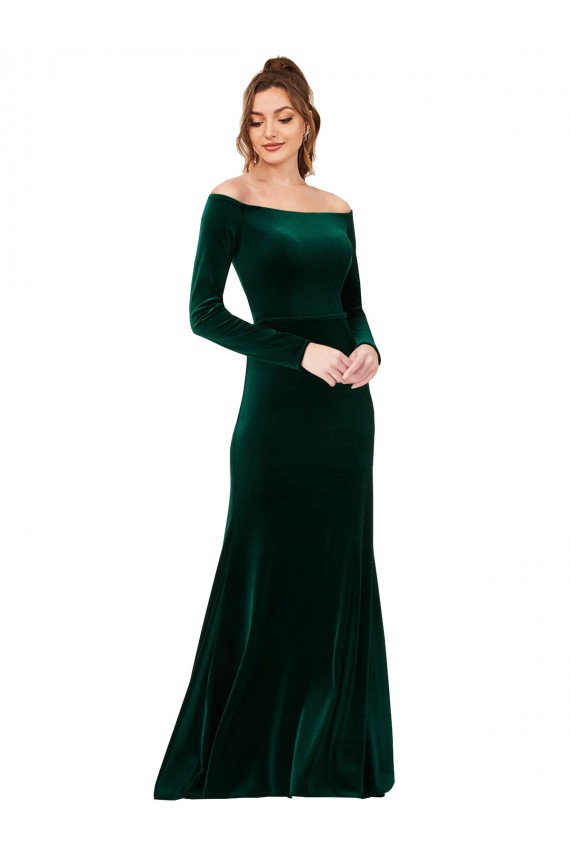 Cheap Off the Shoulder Long Sleeves Stretch Velvet Prom Dress