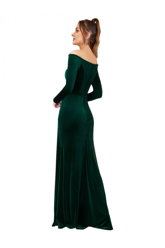 Cheap Off the Shoulder Long Sleeves Stretch Velvet Prom Dress