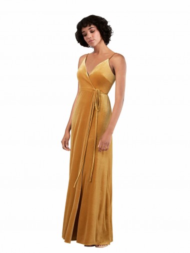 Cheap Romantic Velvet Floor Length Prom Dress with Wrap Detail