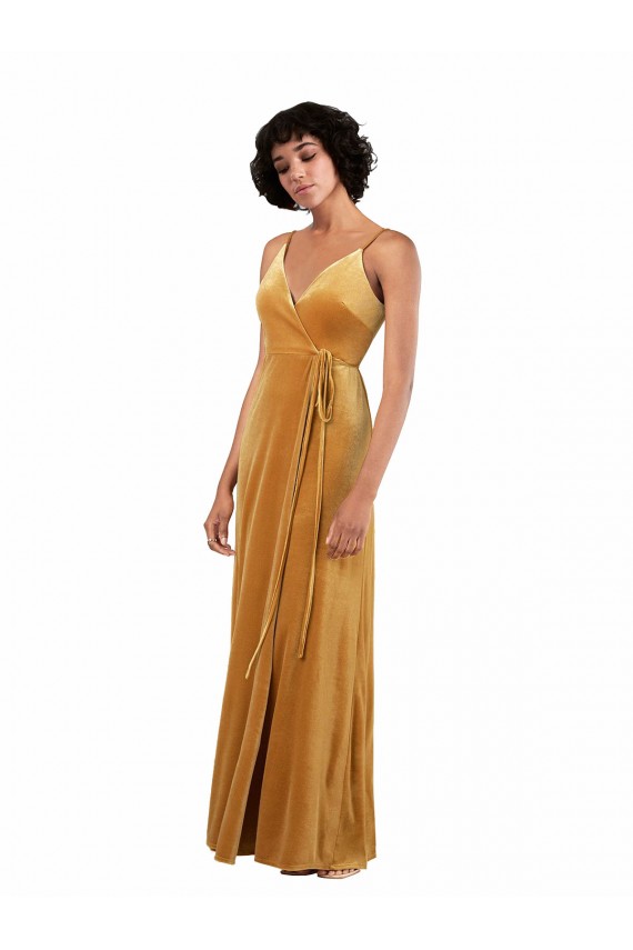 Cheap Romantic Velvet Floor Length Prom Dress with Wrap Detail