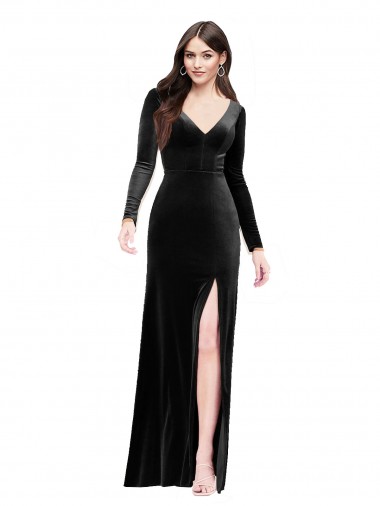 Cheap Long Sleeves Velvet Prom Dress with V-Neckline and Thigh Slit