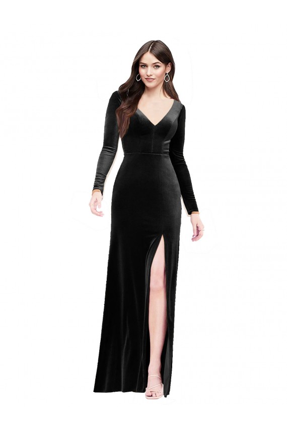 Cheap Long Sleeves Velvet Prom Dress with V-Neckline and Thigh Slit