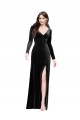 Cheap Long Sleeves Velvet Prom Dress with V-Neckline and Thigh Slit