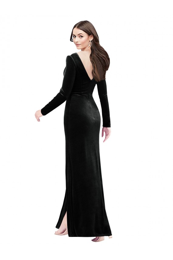 Cheap Long Sleeves Velvet Prom Dress with V-Neckline and Thigh Slit
