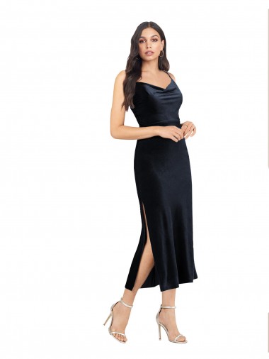 Cheap Midi Length Velvet Cocktail Prom Dress / Homecoming Dress with Cowl Neck and Spaghetti Straps