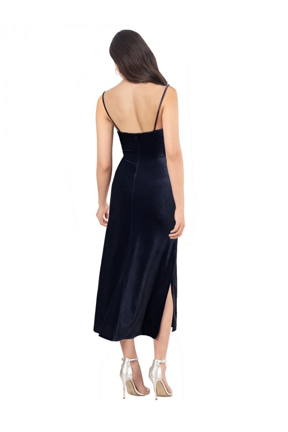 Cheap Midi Length Velvet Cocktail Prom Dress / Homecoming Dress with Cowl Neck and Spaghetti Straps