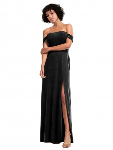 Cheap Off the Shoulder Drapped Sleeves Stretch Velvet Prom Dress