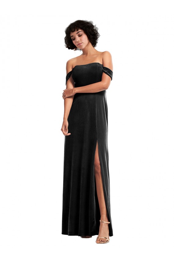 Cheap Off the Shoulder Drapped Sleeves Stretch Velvet Prom Dress