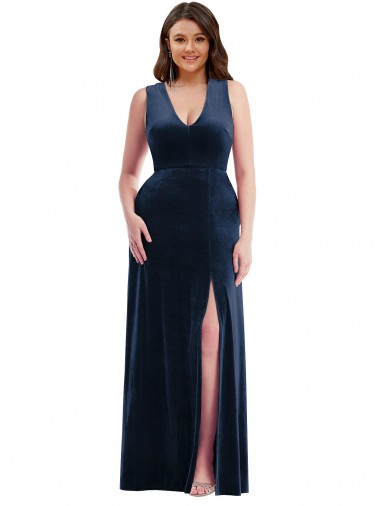 Cheap Deep V-Neck Sleeveless Velvet Maxi Prom Dress with Pockets