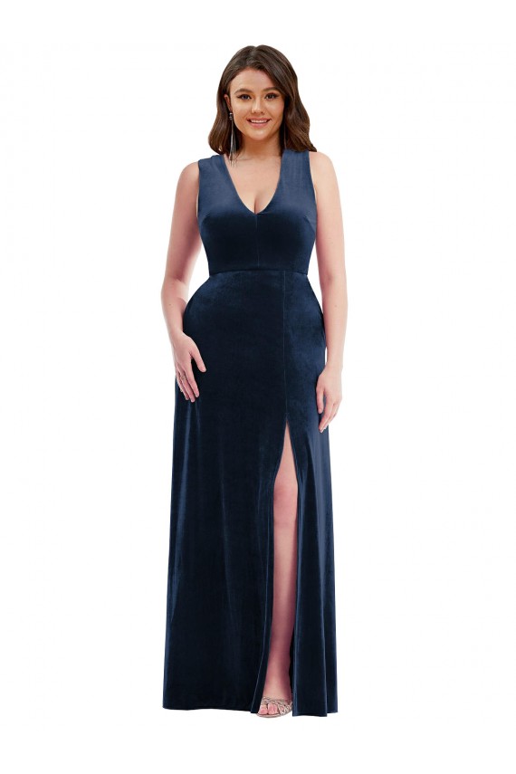 Cheap Deep V-Neck Sleeveless Velvet Maxi Prom Dress with Pockets