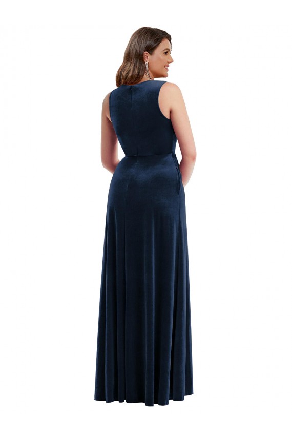 Cheap Deep V-Neck Sleeveless Velvet Maxi Prom Dress with Pockets