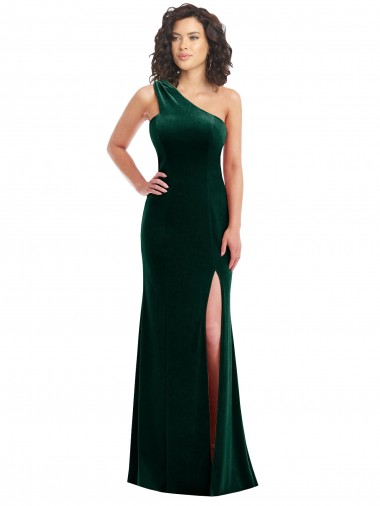 Cheap One Shoulder Velvet Trumpet Prom Dress with Front Slit