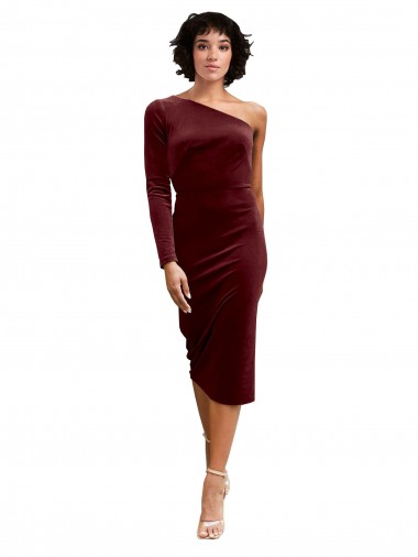 Cheap One Shoulder Fitted Short Midi Length Velvet Prom Dress