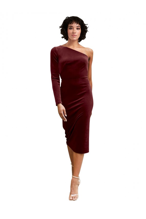 Cheap One Shoulder Fitted Short Midi Length Velvet Prom Dress