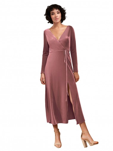 Cheap Long Sleeve Velvet Faux Wrap Midi Length Prom Dress