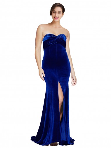Cheap Strapless Ruched Velvet Prom Dress with Sweep Train and Front Slit