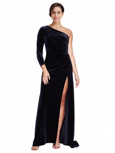 Cheap One Sleeve Long Velvet Prom Dress with Thigh High Split