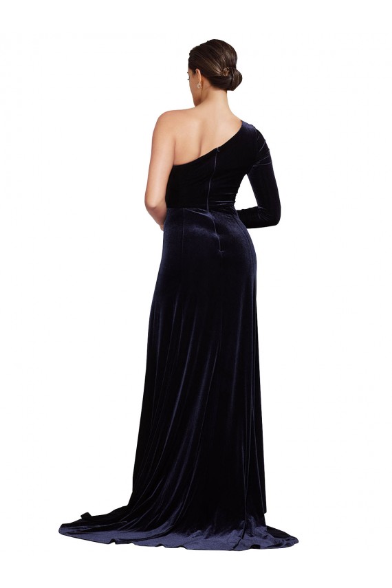 Cheap One Sleeve Long Velvet Prom Dress with Thigh High Split