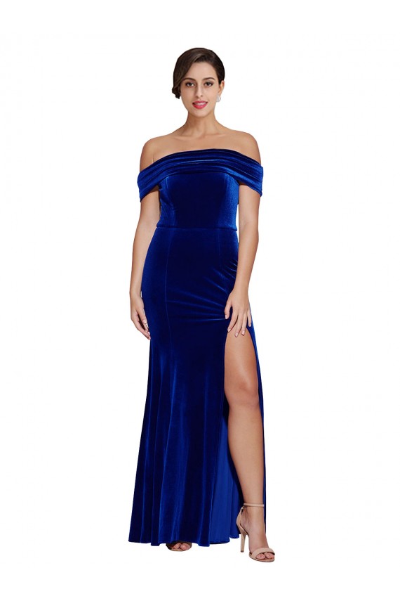 Cheap Full Length Long Velvet Prom Dress with Side Split