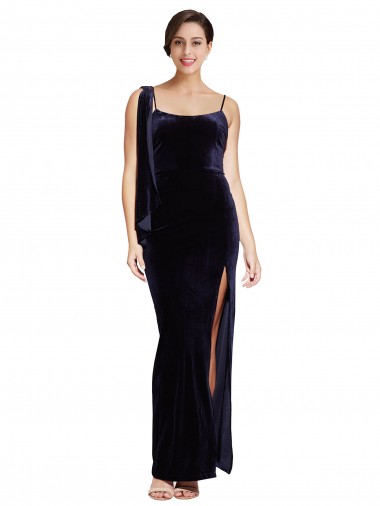 Cheap Long Velvet Prom Dress with Side Thigh Split and Shoulder Tie