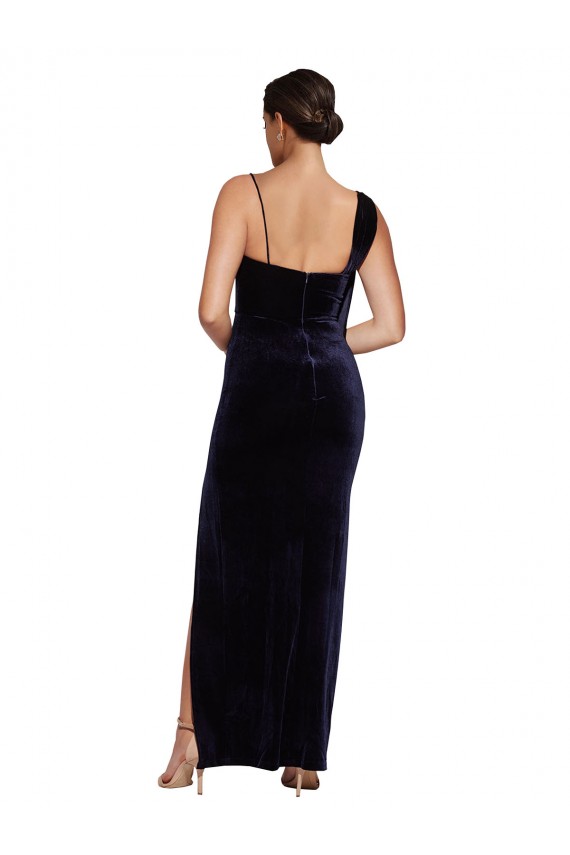 Cheap Long Velvet Prom Dress with Side Thigh Split and Shoulder Tie