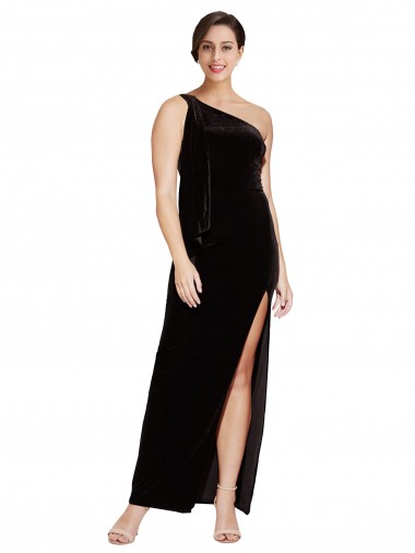 Cheap One Shoulder Long Velvet Prom Dress with Side Split and Shoulder Tie